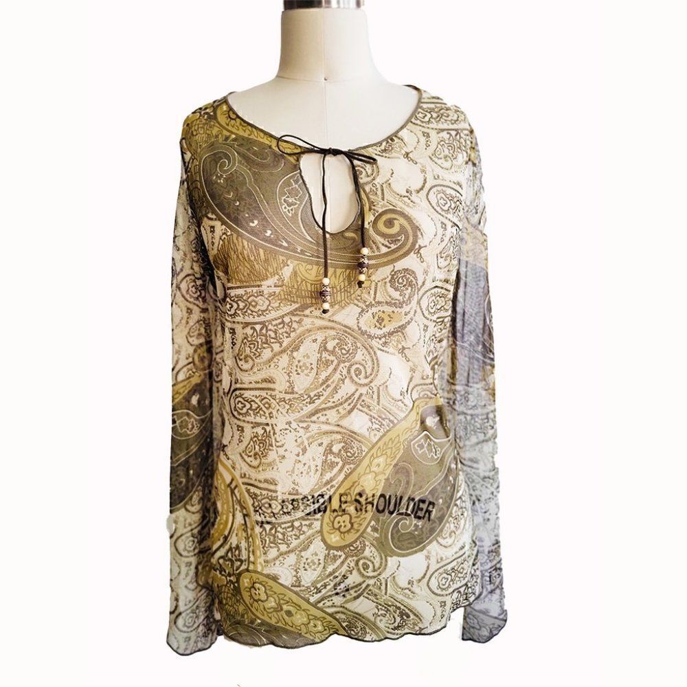 Sheer Olive paisley butterfly long sleeves top